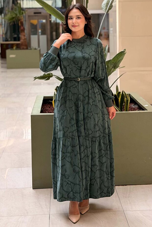 Self-Patterned Slim Belted Dress