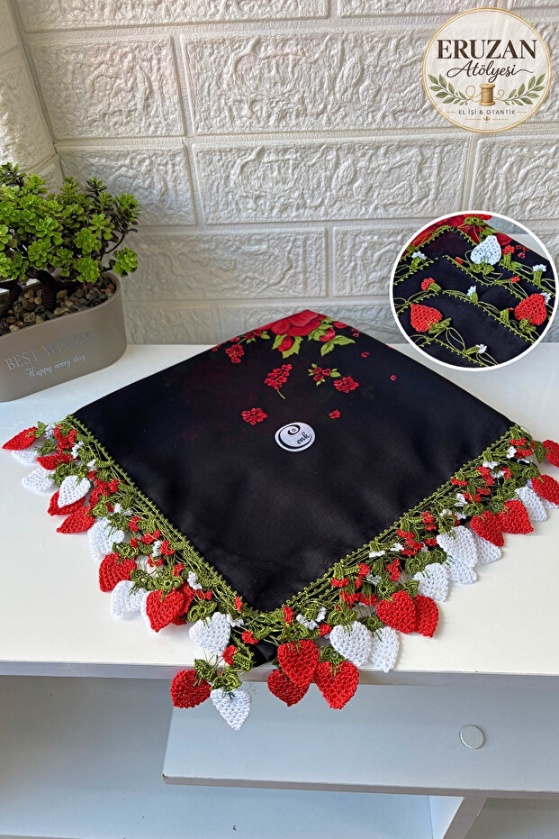 Handmade Written Strawberry Embroidered Scarf Yemeni Cheesecloth Gift Dowry Bag