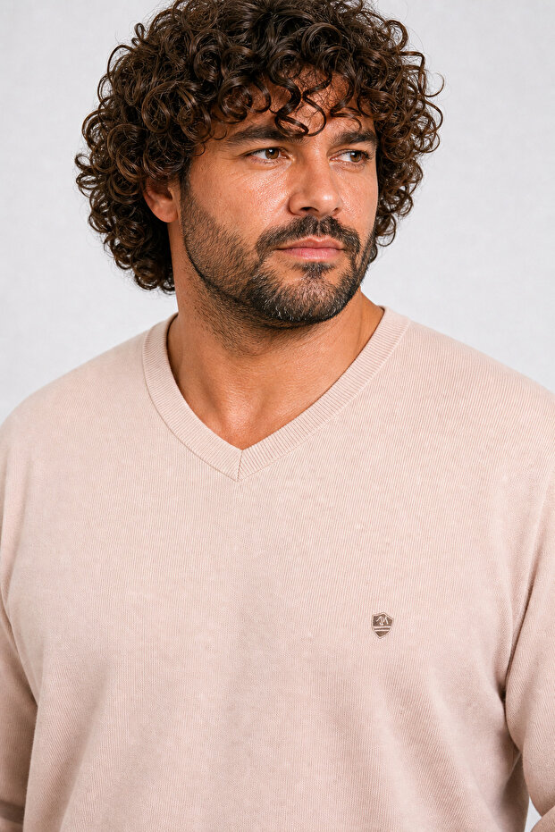 Plus Size Thessaloniki V-Neck Classic Sweat 23201 BEIGE