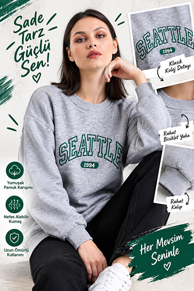 Gray Women's Oversize Seattle Embroidered Sweatshirt