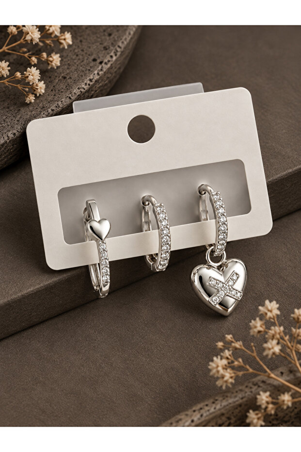 Brass Zircon Stone Heart Model Silver Color 3-Piece Double Women's Earring Set
