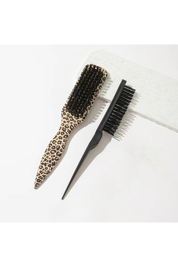 Yellow leopard print 2 Pcs Smooth Back Hair Brushes, Soft Bristle Beard Brushes & Leopard Print Comb