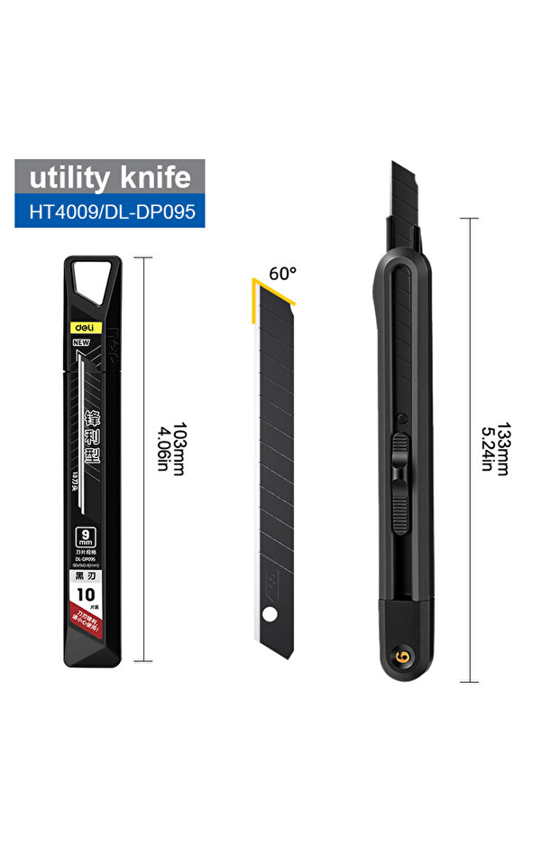 1 knife 10 blades SK2 Black Blade Utility Knife 9mm ABS Engineering Plastic + 9mm 0.4mm 60° Alloy St