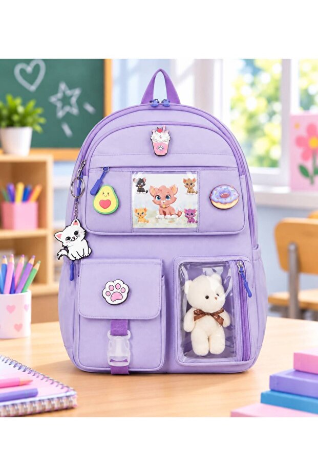2 Main Compartments Korean-Style School Bag with Tablet Compartment and Teddy Bear Gift