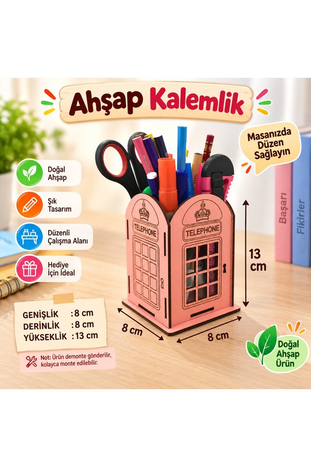 Wooden Pen Holder Telephone Booth Pink