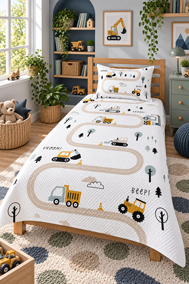 مجموعة بيكيه مفردة مطبوعة للأطفال والرضع من Construction Machinery Road مقاس 160x230 باللون الأبيض