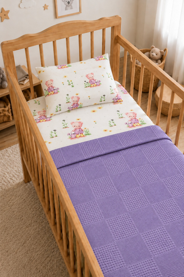 100% Cotton Mother's Side Park Bed Compatible Baby Pique and Sheet Set 3-Piece Set (Purple)-Compatible with 60X120-70X110-70X120 Beds