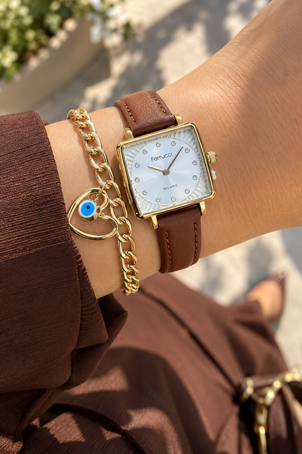 Square Case Leather Cord Brown Women's Wristwatch Bracelet