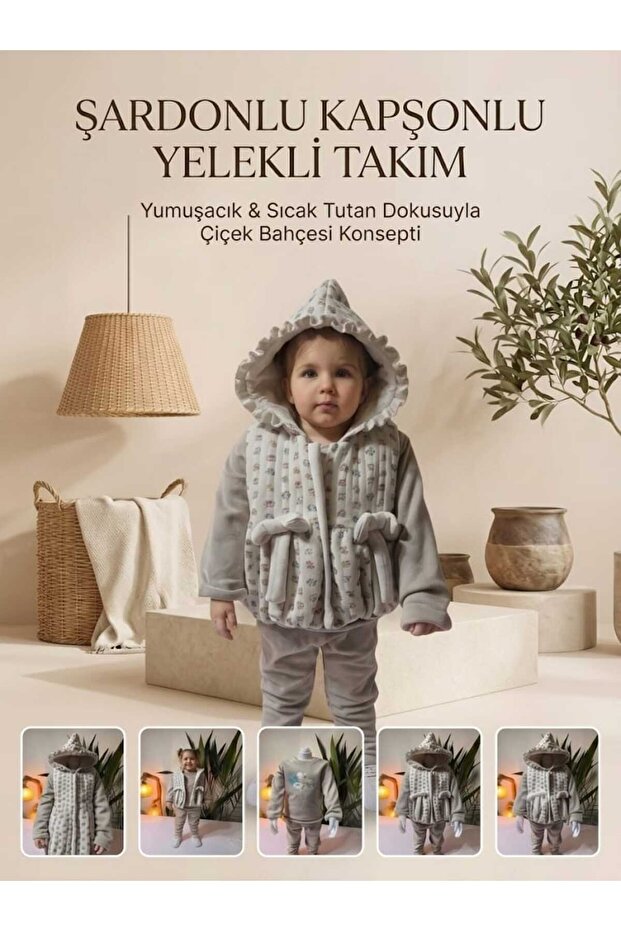 Girl's Floral Patterned Winter Three-Piece Set: Embroidered Blouse, Vest, and Pants
