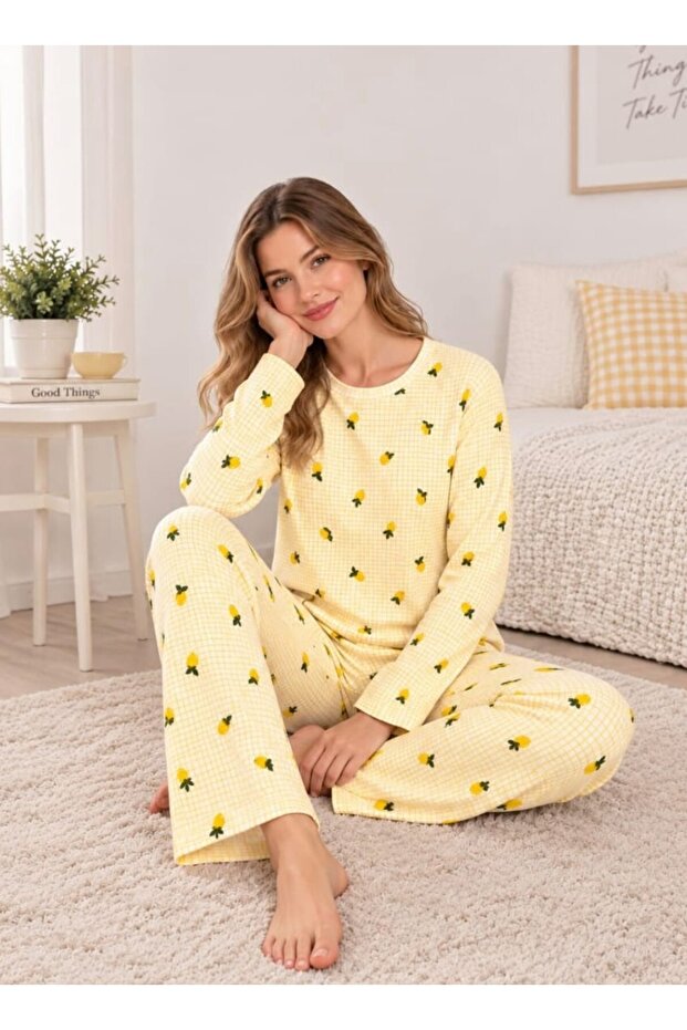 Yellow Lemon Patterned Basic Thin Knitted Pajama Set