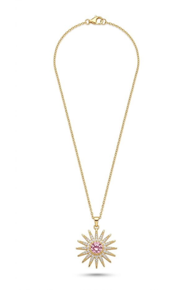 Zircon Stone Sun Detailed Steel Necklace I Special Boxed