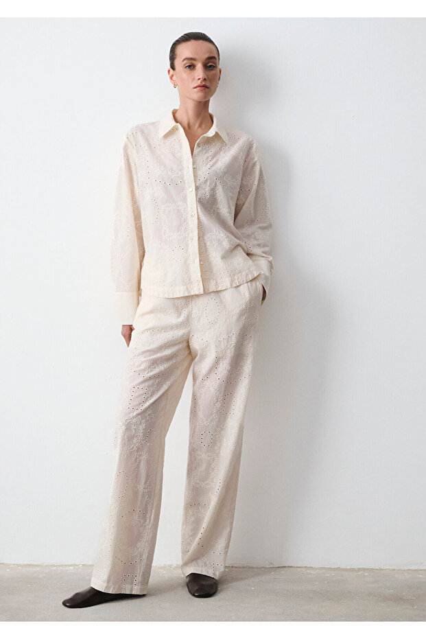 Embroidery Detailed Ecru Trousers 1011191-70060