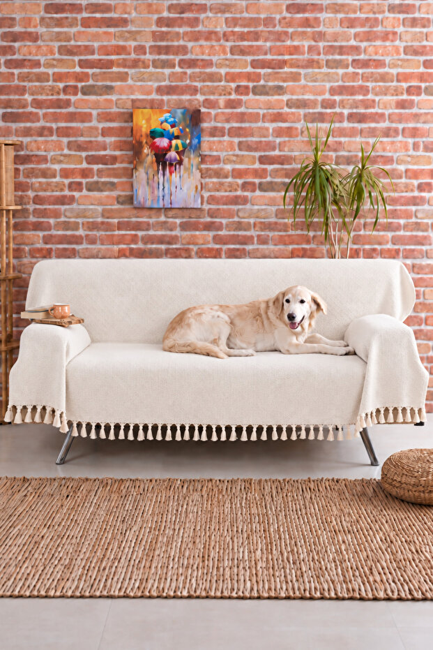 Cream Sofa Cover with Star Border | Sofa Shawl 180x210 Cotton
