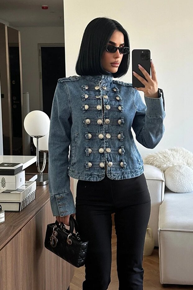Women's Blue Gold Buttoned Denim Jacket with Napoleon Detail