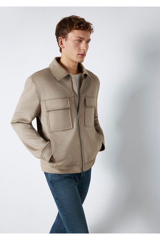 Black Pocket Detailed Beige Faux Leather Jacket Regular Fit / Normal Cut 0110783-80697