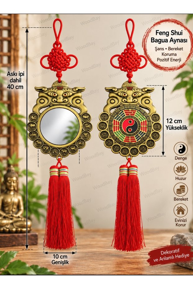 Feng Shui Bagua Mirror Tai Chi Yin Yang Chinese Zodiac Sign Symbol with Hanging String Blessing Protection Decor