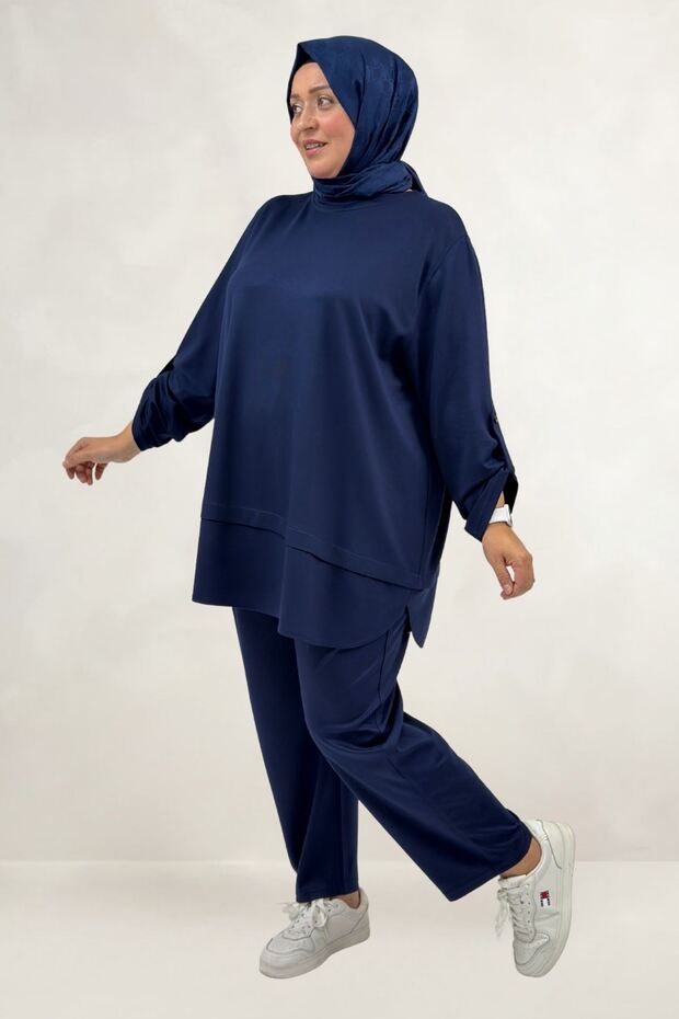 67074 Large Size Men's Collared Skirt and Modal Pants Set - Navy Blue