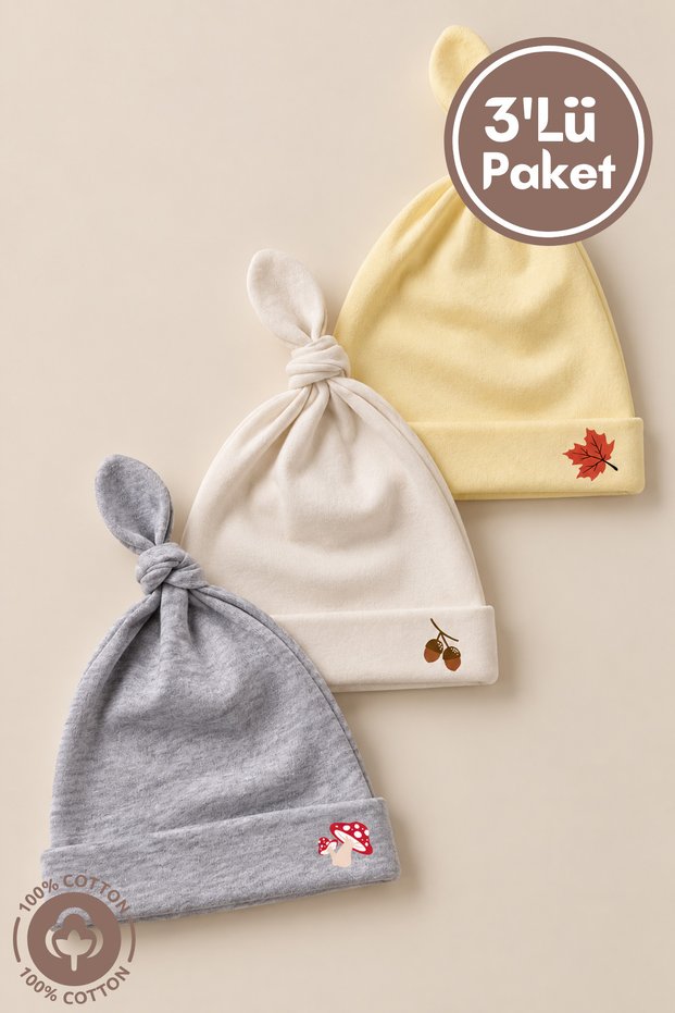 Unisex Baby Wood Printed Tie-Up Combed Organic Cotton Newborn 3-Piece Baby Beanie Set