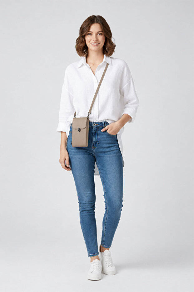 Mink Genuine Leather Crossbody Phone Bag and Zippered Women's Bag with Card Holder