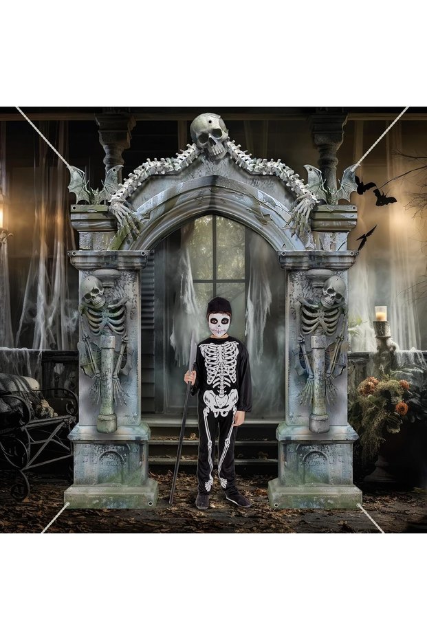 grey Halloween Skeleton Party Decorations Scary Tombstones Door Banner Creepy Bats Photo Booth Props