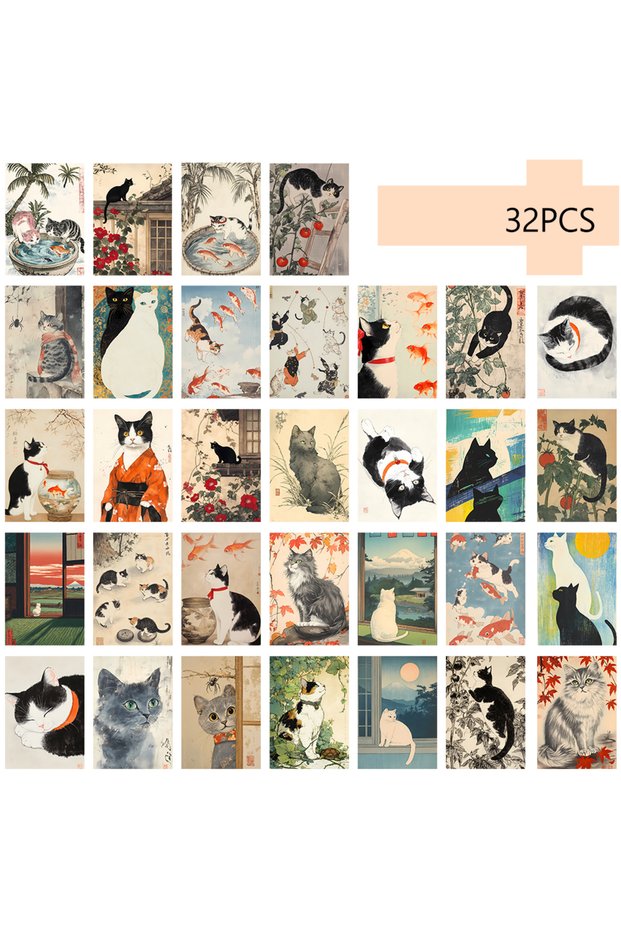 Mixed Color 32pcs Japanese Cat Postcards, Ukiyo-E Style, Cute Cat Posters, Living Room Decor Sticker