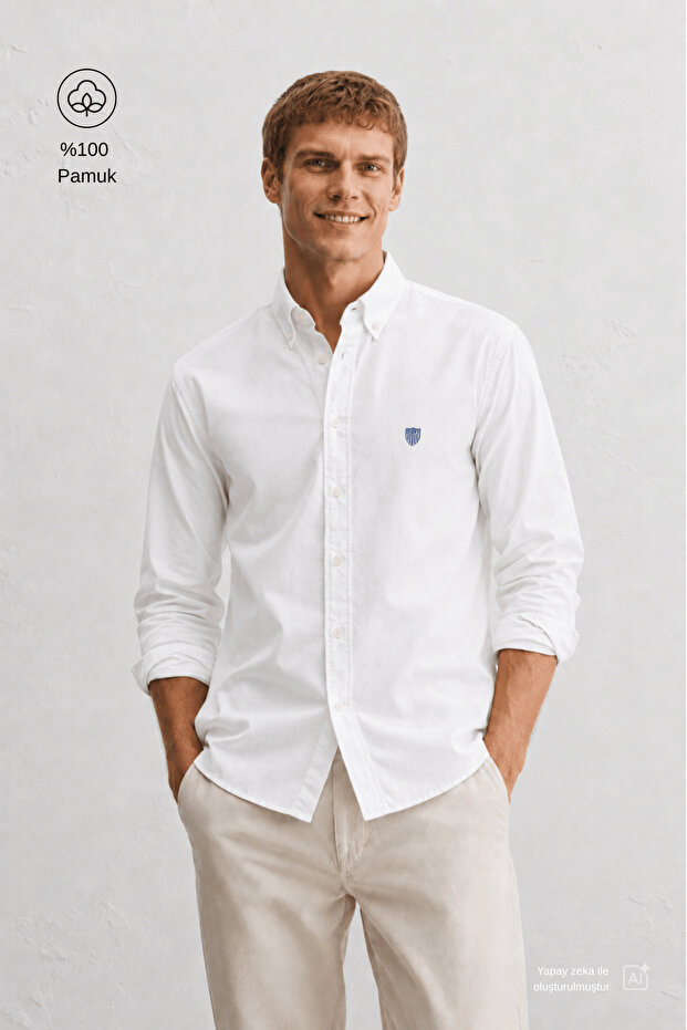 Tyson white embroidered 100% cotton poplin standard fit men's shirt