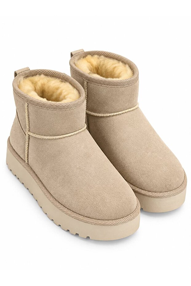 Women's Beige Fur Lined Extra Soft Round Toe Women's Mini Ankle Boots