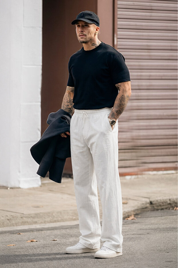 Elastic Waist Regular Fit Cotton Linen Trousers