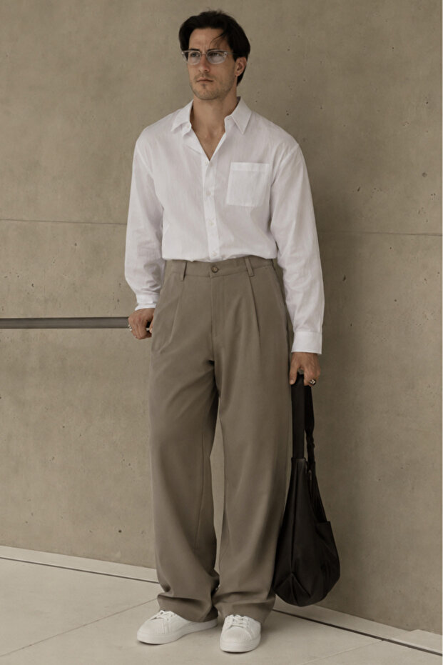 Baggy Fit Pleated Fabric Trousers