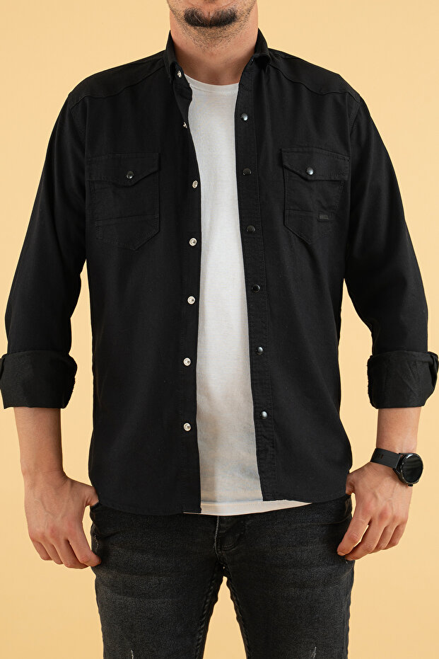 Men's Black Slim Fit Denim Shirt with Cotton Snap Buttons and Double Pockets
