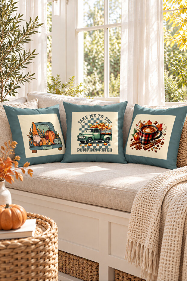 Autumn Patterned Velvet 3-Piece Throw Pillow Cover Set 43X43 cm - Decorative Pillowcases