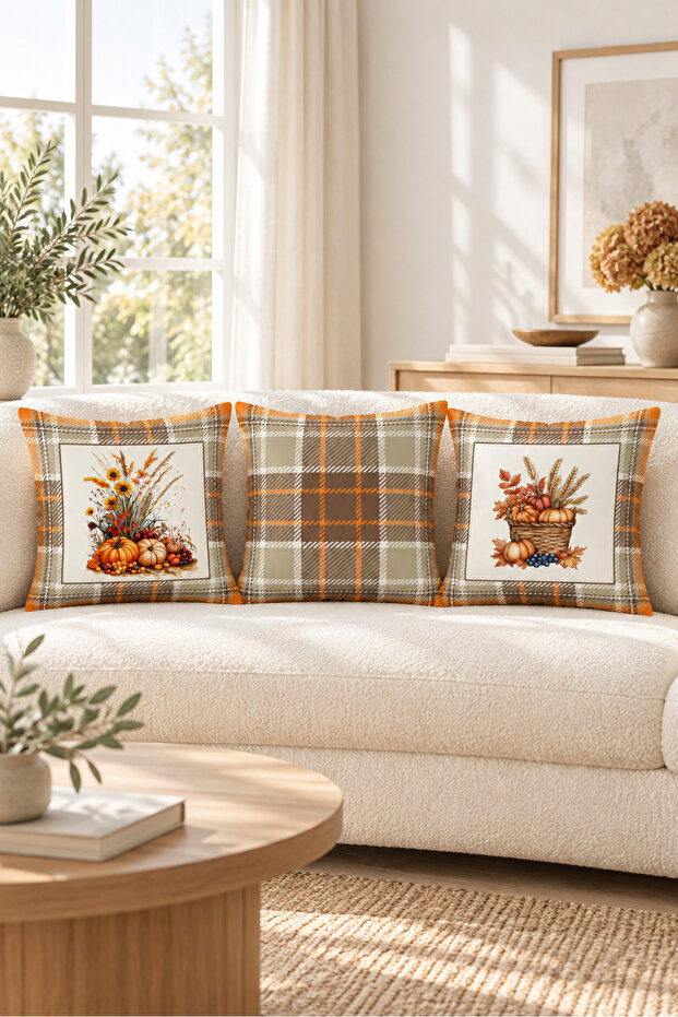 Autumn Patterned Velvet 3-Piece Throw Pillow Cover Set 43X43 cm - Decorative Pillowcases