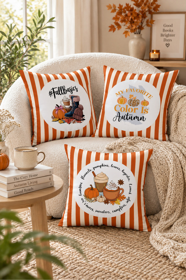 Autumn Patterned Velvet 3-Piece Throw Pillow Cover Set 43X43 cm - Decorative Pillowcases