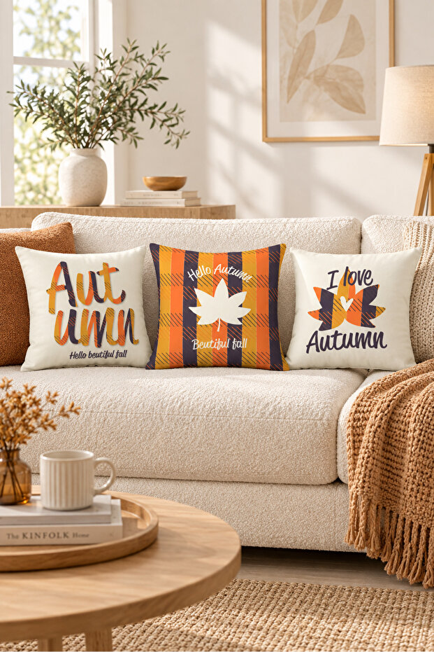 Autumn Patterned Velvet 3-Piece Throw Pillow Cover Set 43X43 cm - Decorative Pillowcases