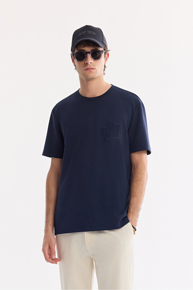 Men's Navy Blue Crew Neck Injection Printed Bi-Stretch Interlock Regular Fit T-Shirt A61Y1136