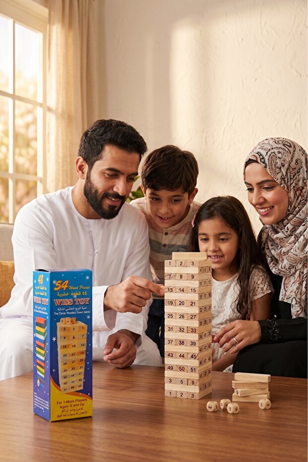 54-Piece Wooden Tower Building Block And 4-Piece Dice Stacker