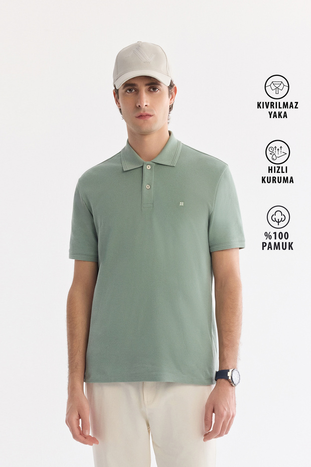 Men's Mint Green Non-Curling Polo Collar 100% Cotton Basic Regular Fit T-Shirt B001032