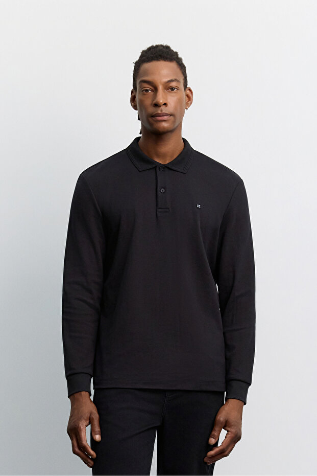 Men's Black Non-Curling Polo Collar Easy-Iron Basic Sweatshirt B001080
