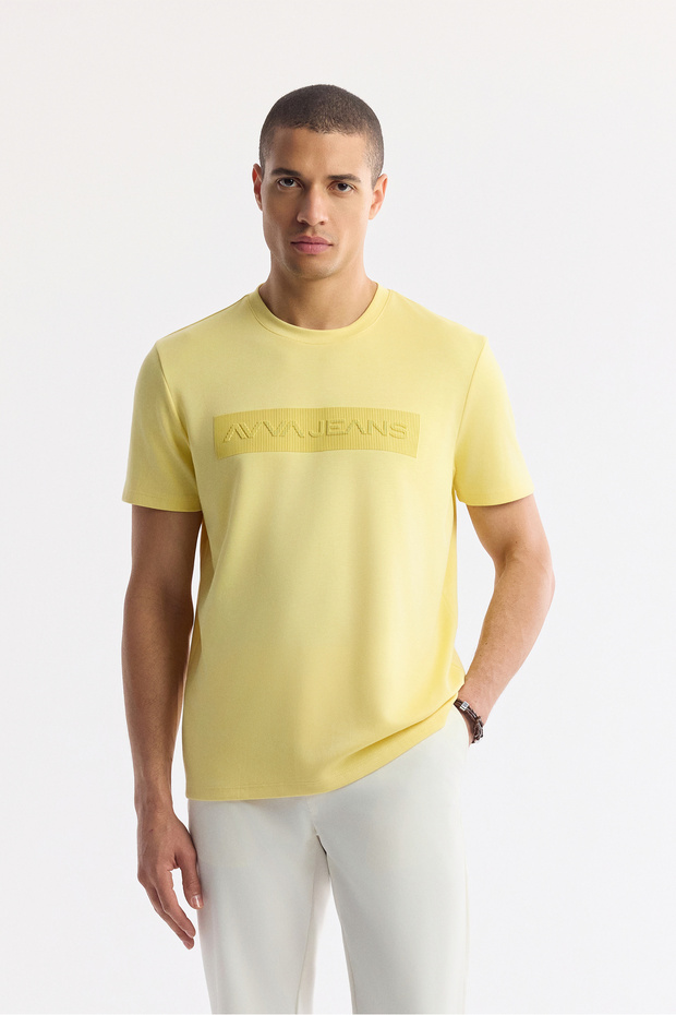 Men's Yellow Crew Neck Printed Bi-Stretch Interlock Regular Fit T-Shirt A51Y1021