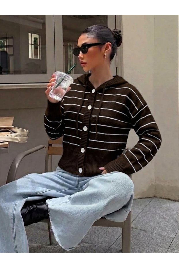 Pu-2026-05 Women's Brown Striped Hooded Buttoned Knitwear Cardigan