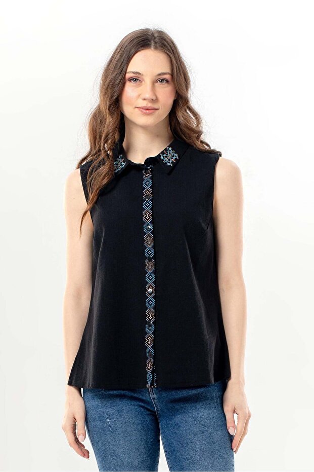 Sleeveless Aden Classic Collar Şile Fabric Summer Shirt Black Syh
