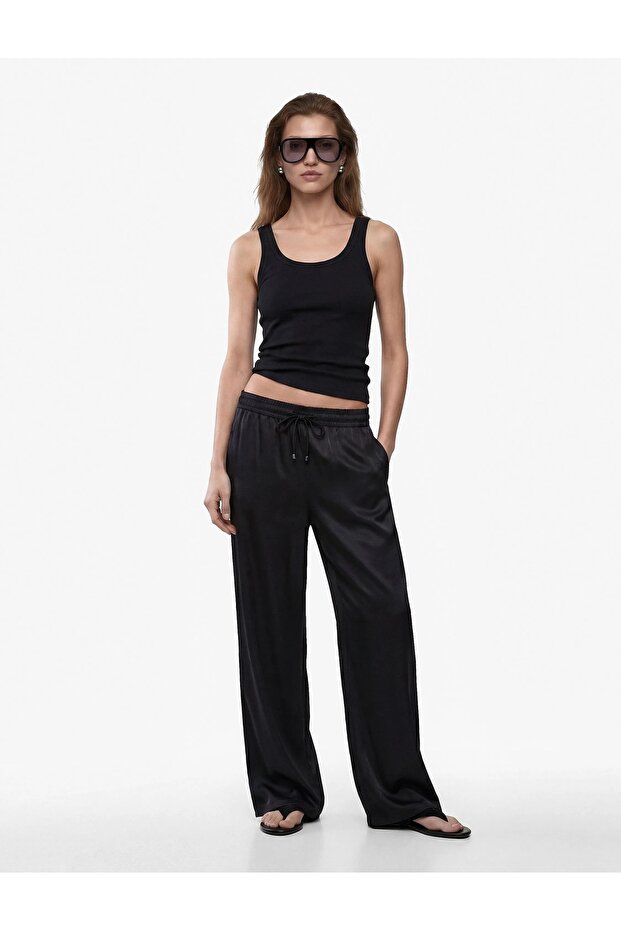 Aerobin Fabric Wide-Leg Satin Trousers with Tie Waist