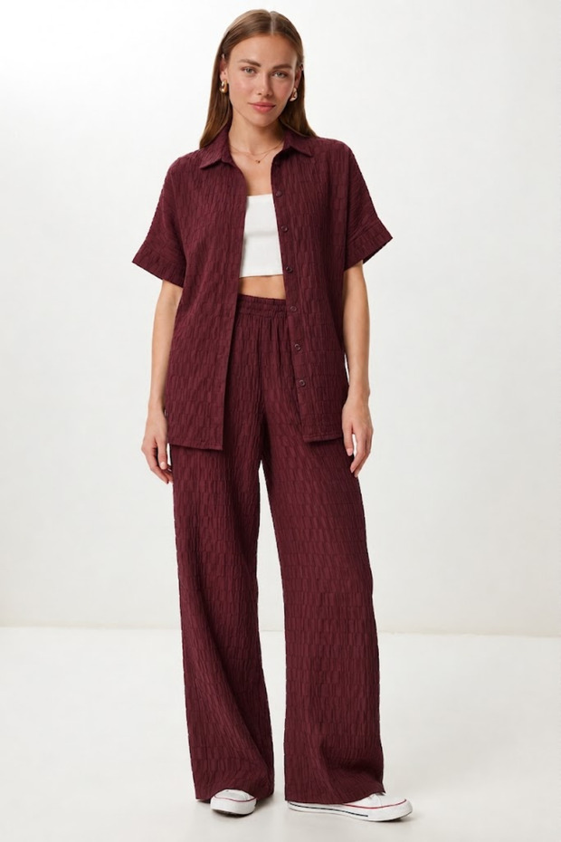 Jacquard Embossed Patterned Shirt Collar Buttoned Trousers Set 6XL