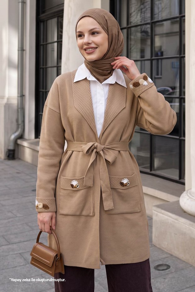 Beige Knitwear Jacket with Embroidery Pockets and Sleeves