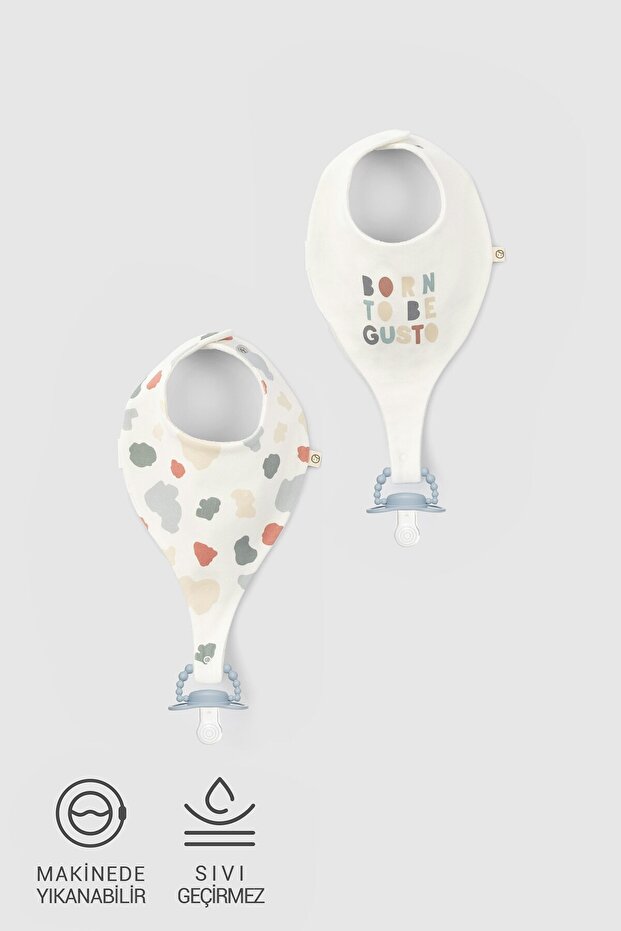 Set of 2 Liquid Proof Organic Cotton Pacifier Holder Bibs Animal Patterned