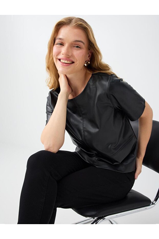 Black Round Neck Short Sleeve Leather Look Blouse