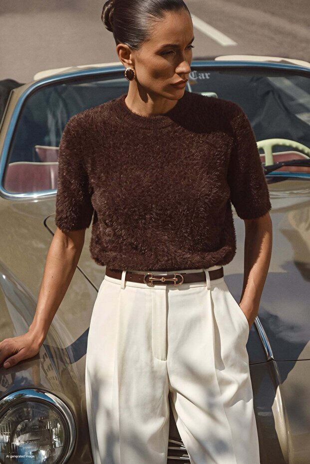 Bearded Short Sleeve Knitwear - Brown