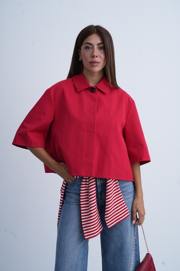 Women's Red Hidden Button Half Sleeve Jacket