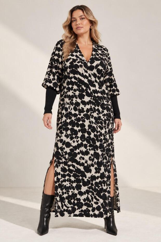 Plus Size Patterned Slit Long Dress