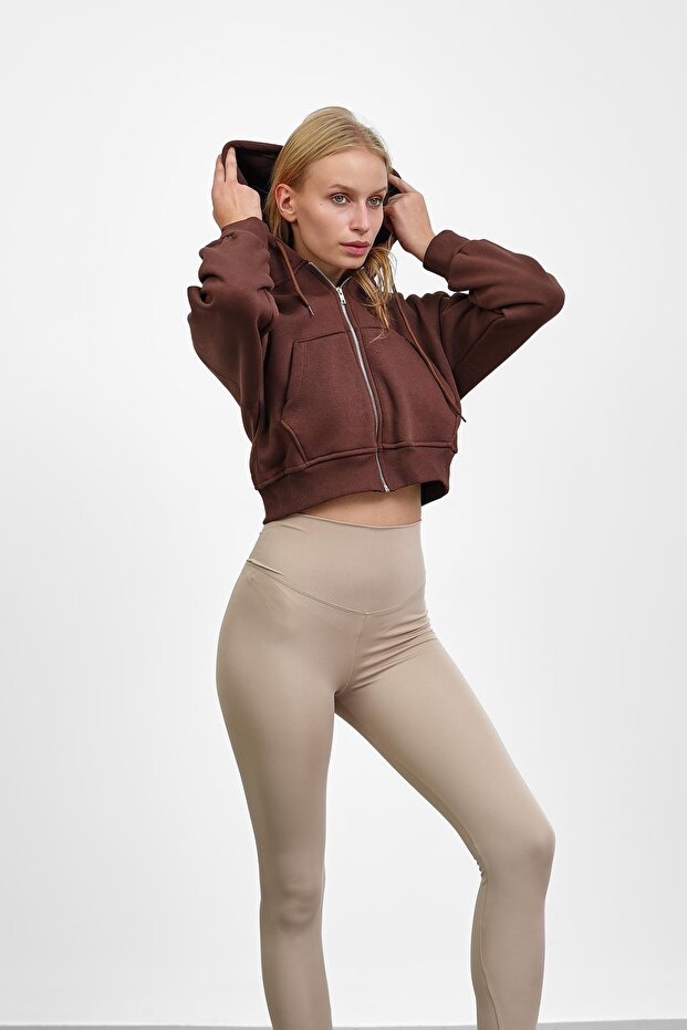 Brown Short Kangaroo Pocket Zippered Three Thread Sweat Cardigan
